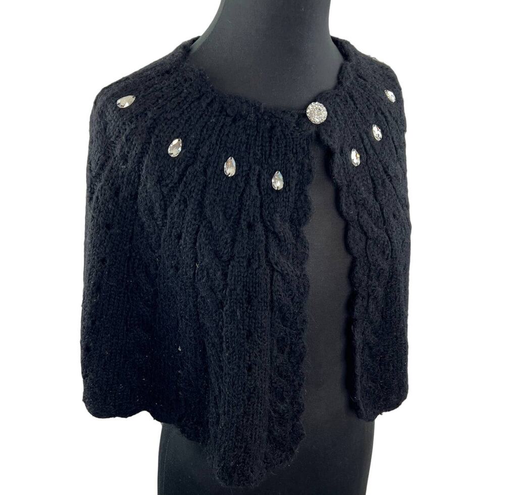 CHARLOTTE Black Mohair Blend Crewneck Cable-knit Poncho Sweater Rhinestone S/M